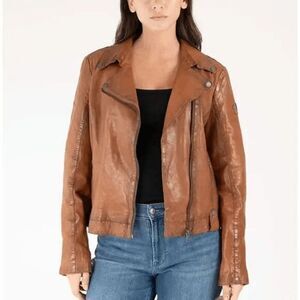 Mauritius Cognac Brown Leather Fayola RF Full Zip Moto Jacket Women's Size 6